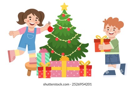 Vector illustration of children decorating for Christmas