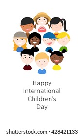 Vector Illustration: Children with different nationalities, skin colors, clothes in a circle. Cute, cartoon, colorful, simple, flat, abstract, for Happy International Children's Day.