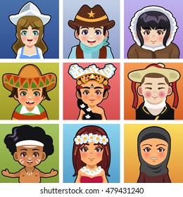 A vector illustration of children from different parts of the world wearing traditional clothing