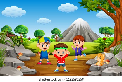 vector illustration of the children do sport in the forest near the rock mountain with a lot of trees