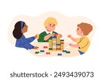 Vector illustration of children doing educational activities and assembling Lego bricks at the table. Ideal for children