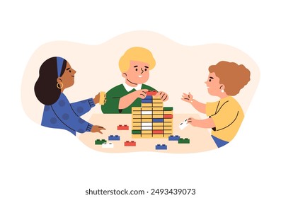 Ilustración vectorial de niños haciendo actividades educativas y ensamblando ladrillos de Lego en la mesa. Ideal para material educativo infantil y pegatinas. Estilo plano.