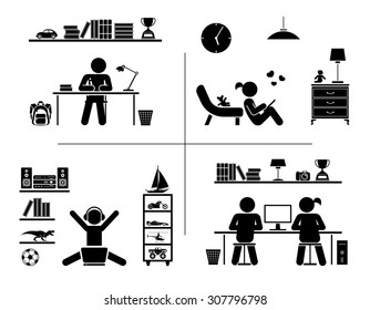 Vector illustration of children doing homework, learning and spending time in their rooms. Pictogram icon set. 