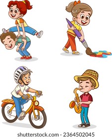 Ilustración vectorial de los niños haciendo varios deportes y artes.