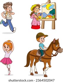 Vector illustration of children doing various sports and arts.