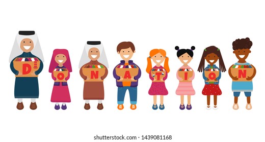 Vector Illustration of Children with Donation Boxes. Children of Different Ethnicities like Volunteers and They are Holding Donation Boxes. Concept of Clothes Donation. Social Care and Charity Concept