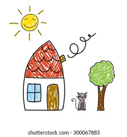 Vector Illustration of a Children Drawing of a House, Tree, Sun and Cat
