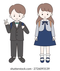 Ilustración vectorial de niños vestidos con atuendo formal para la ceremonia de entrada. Niños, niñas, estudiantes de primaria
