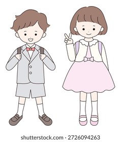 Vector illustration of children dressed in formal attire for the entrance ceremony. Boys, girls, elementary school students