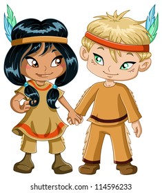 A vector illustration of children dressed as indians and holding hands for thanksgiving or halloween.