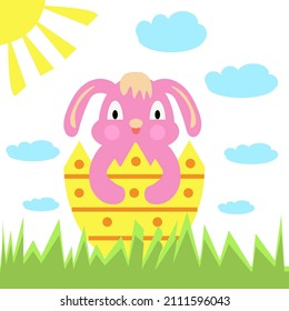 Vektorgrafik für Kinder. Der Osterhase sitzt in einem Ei. 