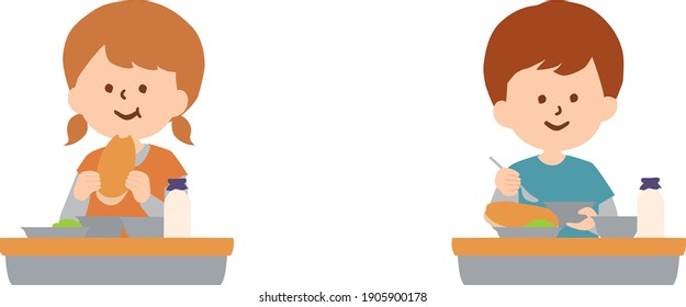 Ilustración vectorial de niños comiendo almuerzos escolares a distancia social