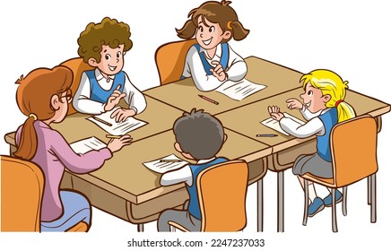 Schüler, die Gruppenarbeit machen.Schüler, die mit dem Lehrer in der Klassenkartoon-Vektorgrafik mit dem Lehrer lernen