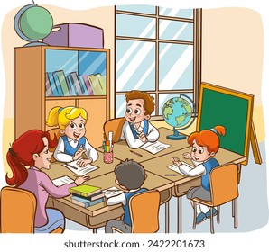 Ilustración vectorial de la educación de los niños.estudiantes haciendo trabajo grupal.estudiantes estudiando con el profesor en el vector de caricatura en el aula