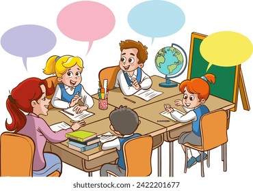Vector Illustration of Children Education.students doing group work.students studying with the teacher in the classroom cartoon vector