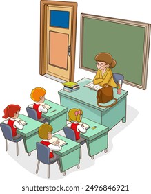 Ilustración vectorial de niños Educación. estudiantes haciendo trabajo en grupo. estudiantes estudiando con el maestro en el Vector de dibujos animados del aula