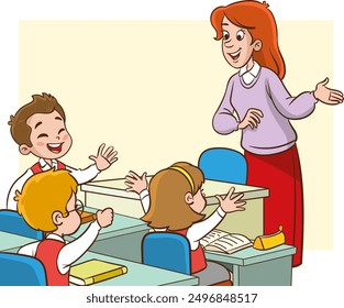 Vector Illustration of Children Education.students doing group work.students studying with teacher in classroom cartoon vector