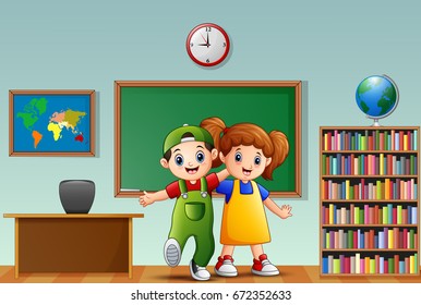 Vector illustration of Children embrace each other standing in the front of classroom