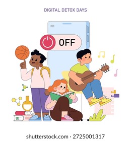Vektorgrafik von Kindern, die an Aktivitäten während digitaler Entgiftungstage teilnehmen. Ein Kind spielt Gitarre, ein anderes liest, und ein drittes hält einen Basketball und betont Offline-Hobbys.