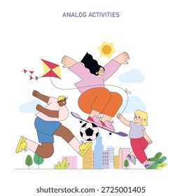 Vector illustration of children engaging in outdoor activities. They are happily playing with a kite, skateboard, and soccer ball against a cityscape backdrop, embodying joy and energy.
