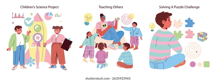 Vector illustration of children engaging in a science project with charts, teaching others in a group setting, and solving puzzles. Emotions of curiosity and collaboration are visible.