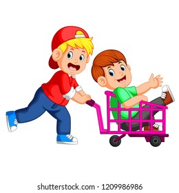 vector illustration of the children enjoy playing trolley