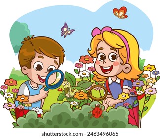 Vector illustration of children examining caterpillar on leaf through lens