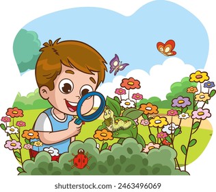 Vector illustration of children examining caterpillar on leaf through lens