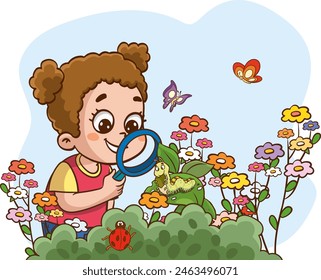 Vector illustration of children examining caterpillar on leaf through lens