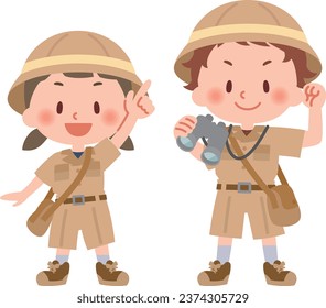 Vector illustration of children in exploration clothes.