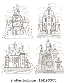 Vector illustration for children with fairy castle and landscape (flat concept)