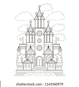 Vector illustration for children with fairy castle and landscape (flat concept)
