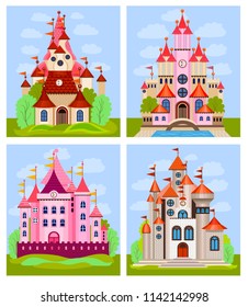 Vector illustration for children with fairy castle and landscape (flat concept)