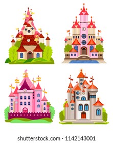 Vector illustration for children with fairy castle and landscape (flat concept)