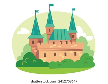 Vector illustration for children with fairy castle. Medieval fairytale magical magic fortress fort royal palace. Green roof.