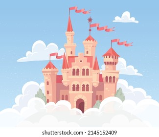 Vector illustration for children with fairy pink castle in clouds in the sky. Medieval fairytale magical magic fortress, fort royal palace.
