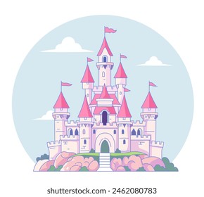 Ilustración vectorial para niños con castillo rosa de hadas. Fortaleza mágica medieval de cuento de hadas fortaleza mágica palacio real. Ilustración de Castillo de Princesa