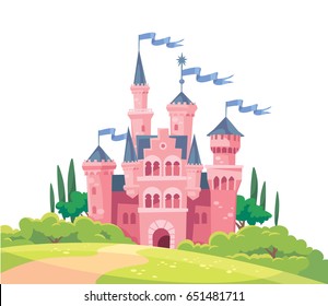 Vector illustration for children with fairy pink castle. Medieval fairytale magical magic fortress fort royal palace.