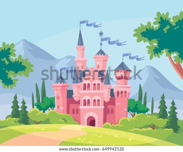 Vector illustration for children with fairy pink\
castle. Medieval fairytale magical magic fortress fort royal\
palace.