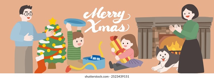 Vector illustration of children and family opening presents