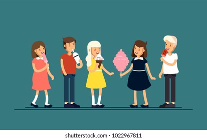 Vector Illustration of children feeling happy and eat sweets like ice cream, milkshake and cotton candy. Children on holiday vacation. Childhood