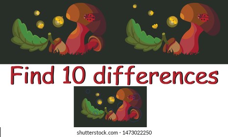 
Vector illustration for children. 
Find 10 differences, with answers. Fireflies fly next to mushrooms, a ladybug and an acorn with an oak leaf.
