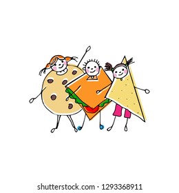 Vector illustration. Children in food costumes. Cookies, chips, sandwich. Halloween costumes. Fancy dresses.  Suit for a party. 