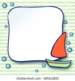 vector illustration. Children frame with boat fish and bubbles on striped background