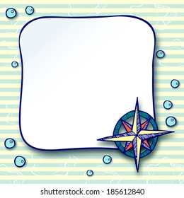 vector illustration. Children frame with wind rose, shells and bubbles on striped background