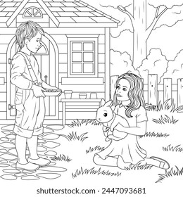 Vector illustration, children in the garden feeding a rabbit, coloring book