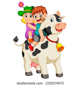 vector illustration of the children get into the cow and ride it when the boy hold the horn