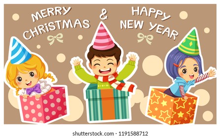 Vector illustration children in gift box at Christmas and New Year festival