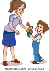 vector illustration of children giving flowers to her mother 