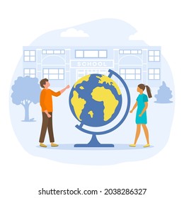 Vector illustration Children Globe Elementary school pupils Schoolboy, schoolgirl excited to start school First day at school Back to school. Education concept Learning Design for web, print